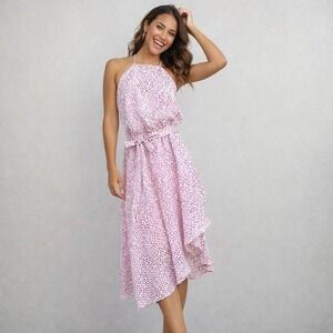 EXPRESS Size Large Pink Dotted Asymmetrical Ruffle Hem Keyhole Halter Dress NWT